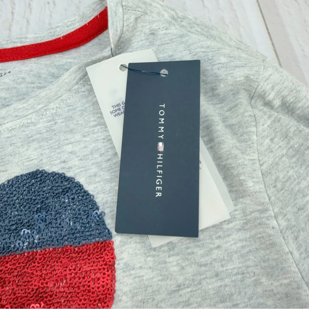 Tommy‎ Hilfiger Girls XL Gray Sequin Heart Long Sleeve Tee Cotton